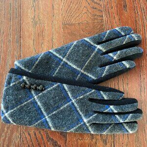 Winter Gloves Faux Cashmere Gray Blue Plaid Button Cuff Touch Screen Smart